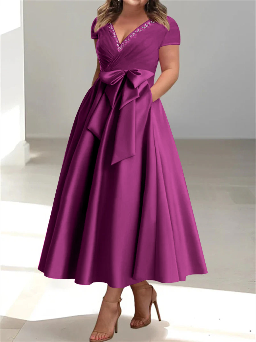Plus Size Mother of the Bride A Line V Neck Dress with Pockets and Ruffles