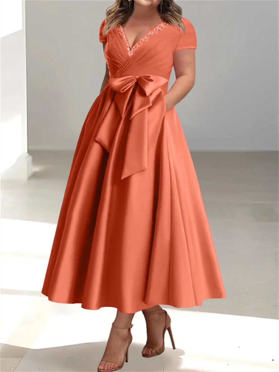 Plus Size Mother of the Bride A Line V Neck Dress with Pockets and Ruffles