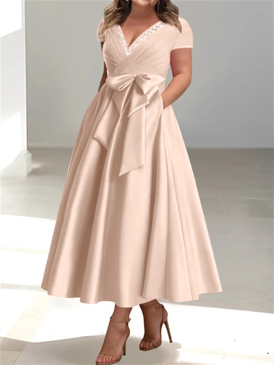 Plus Size Mother of the Bride A Line V Neck Dress with Pockets and Ruffles