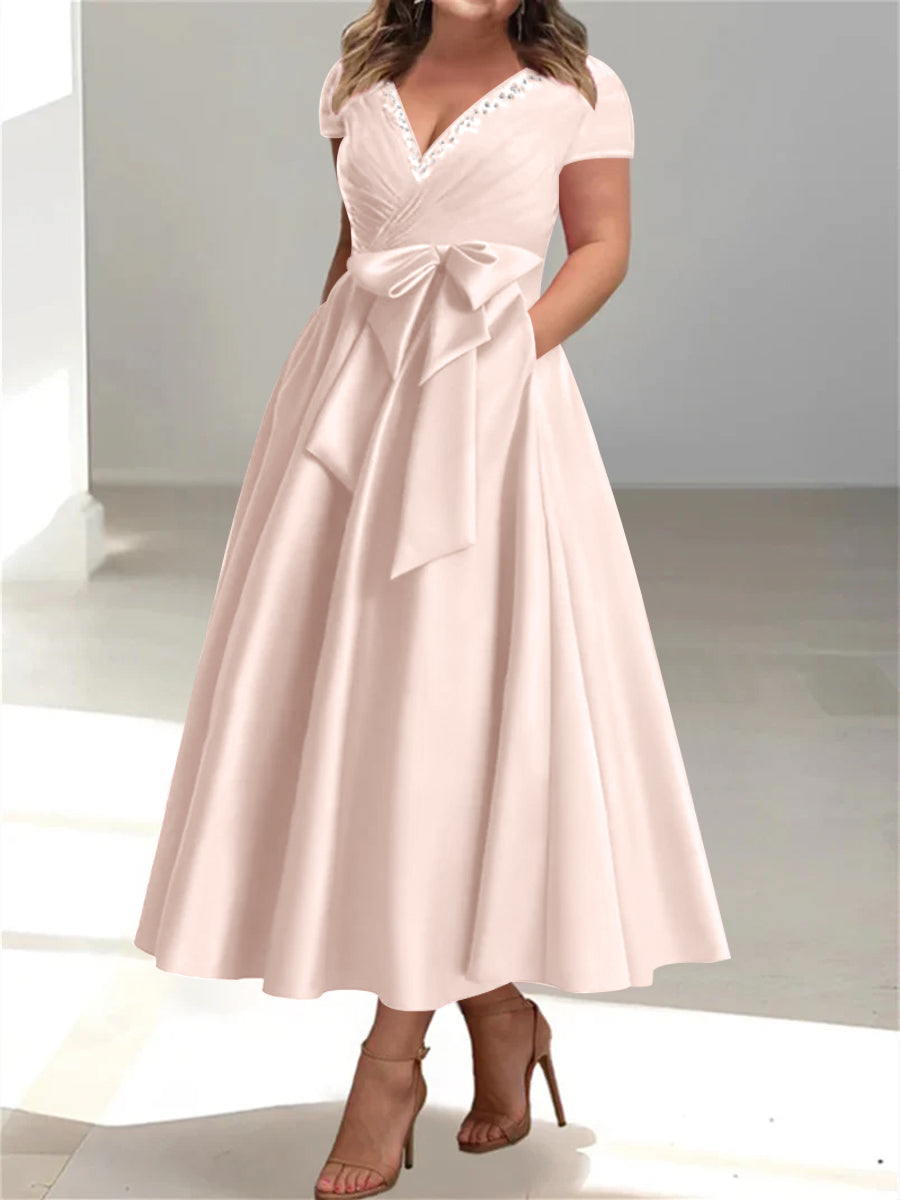 Plus Size Mother of the Bride A Line V Neck Dress with Pockets and Ruffles