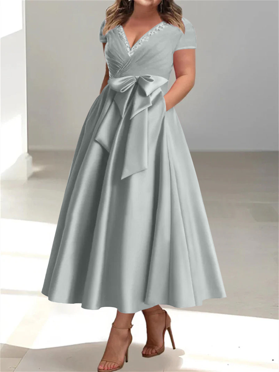 Plus Size Mother of the Bride A Line V Neck Dress with Pockets and Ruffles