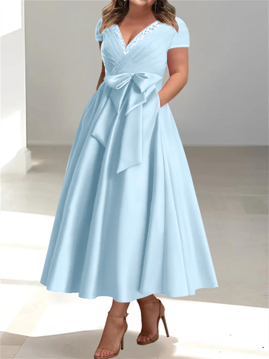 Plus Size Mother of the Bride A Line V Neck Dress with Pockets and Ruffles
