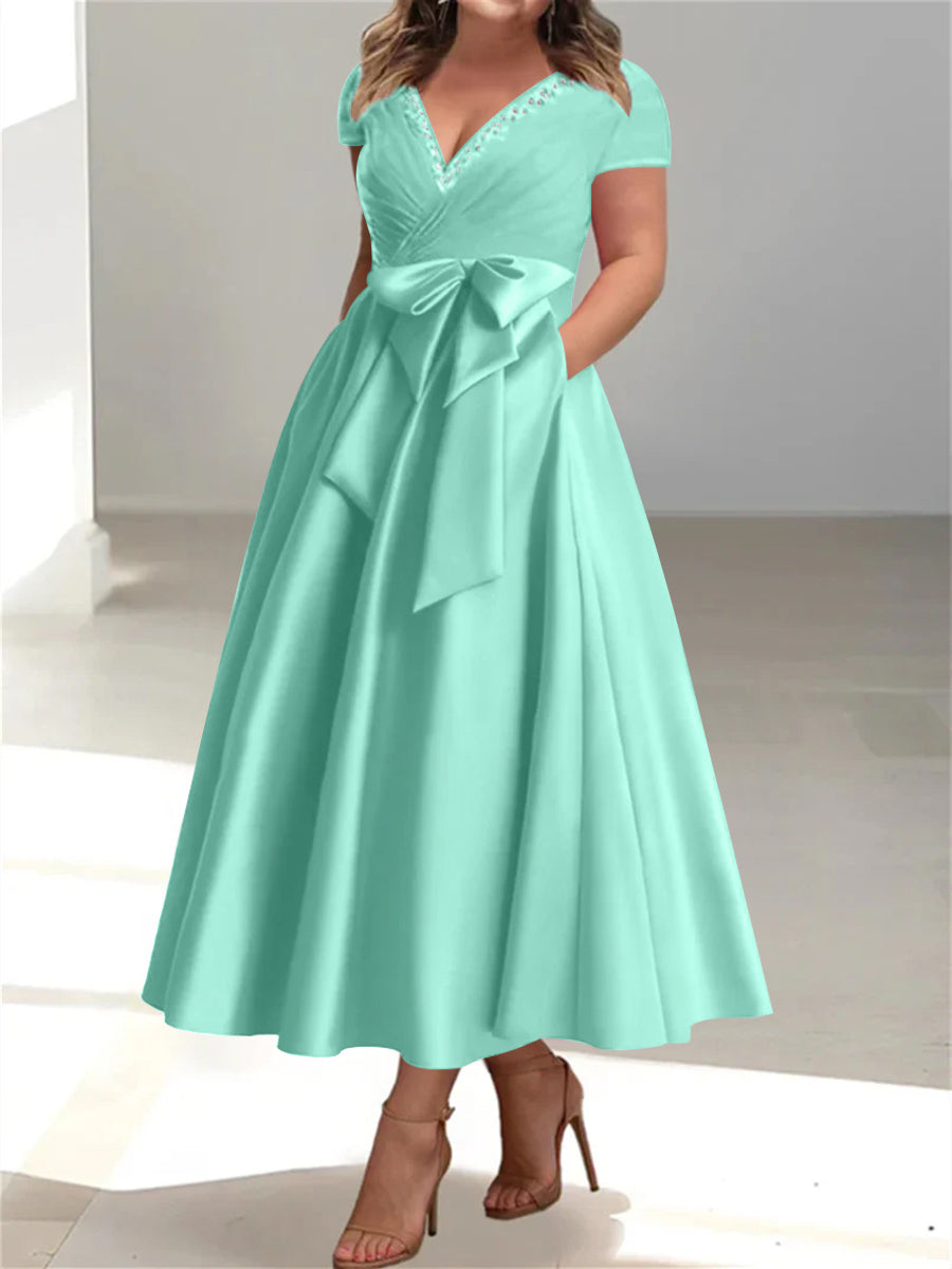 Plus Size Mother of the Bride A Line V Neck Dress with Pockets and Ruffles