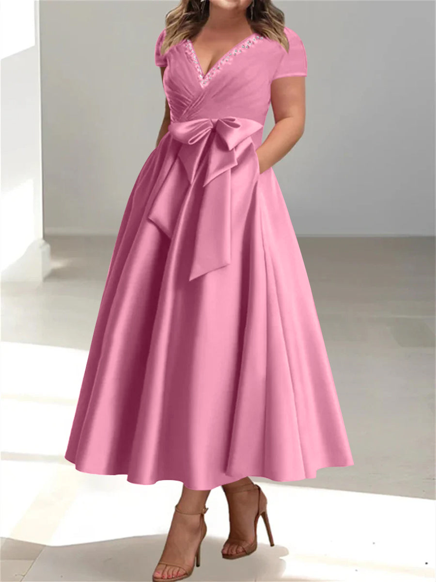 Plus Size Mother of the Bride A Line V Neck Dress with Pockets and Ruffles