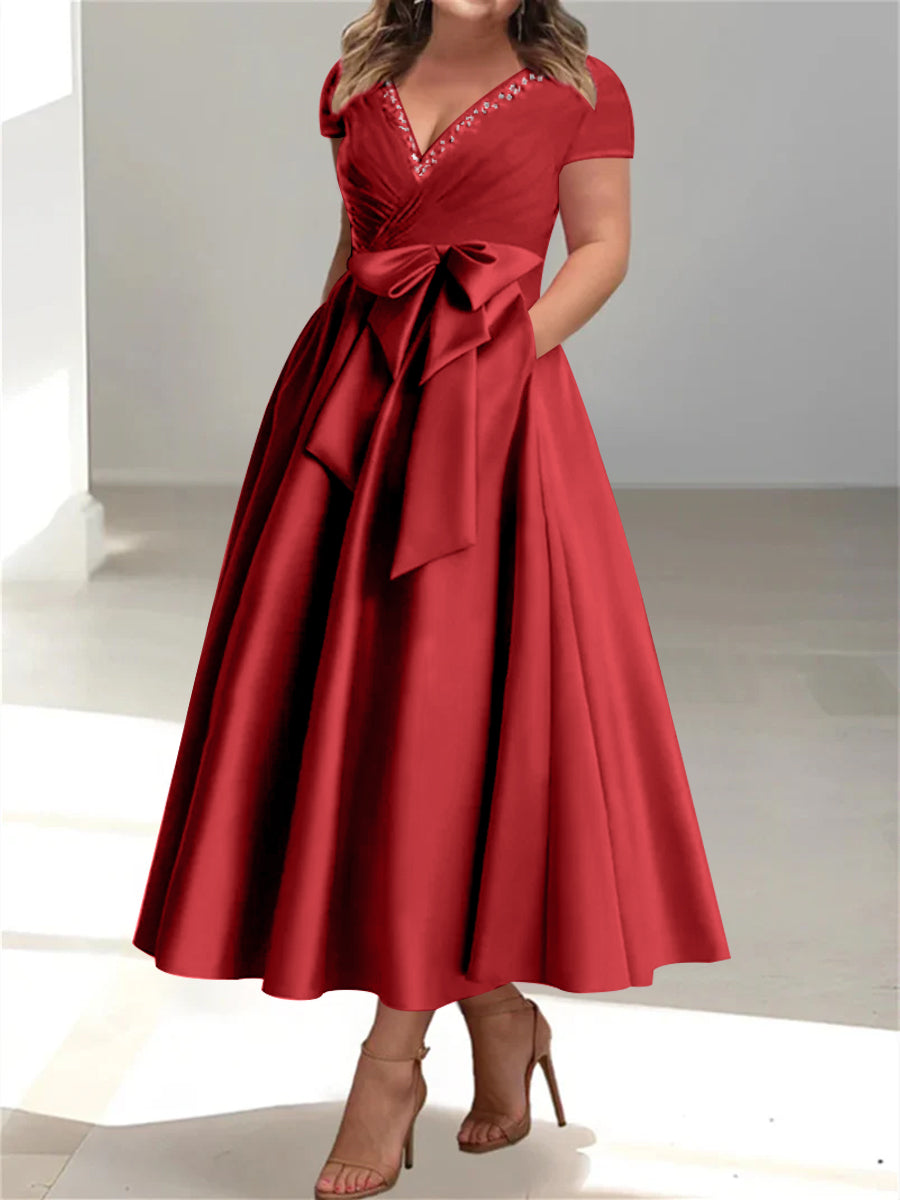 Plus Size Mother of the Bride A Line V Neck Dress with Pockets and Ruffles