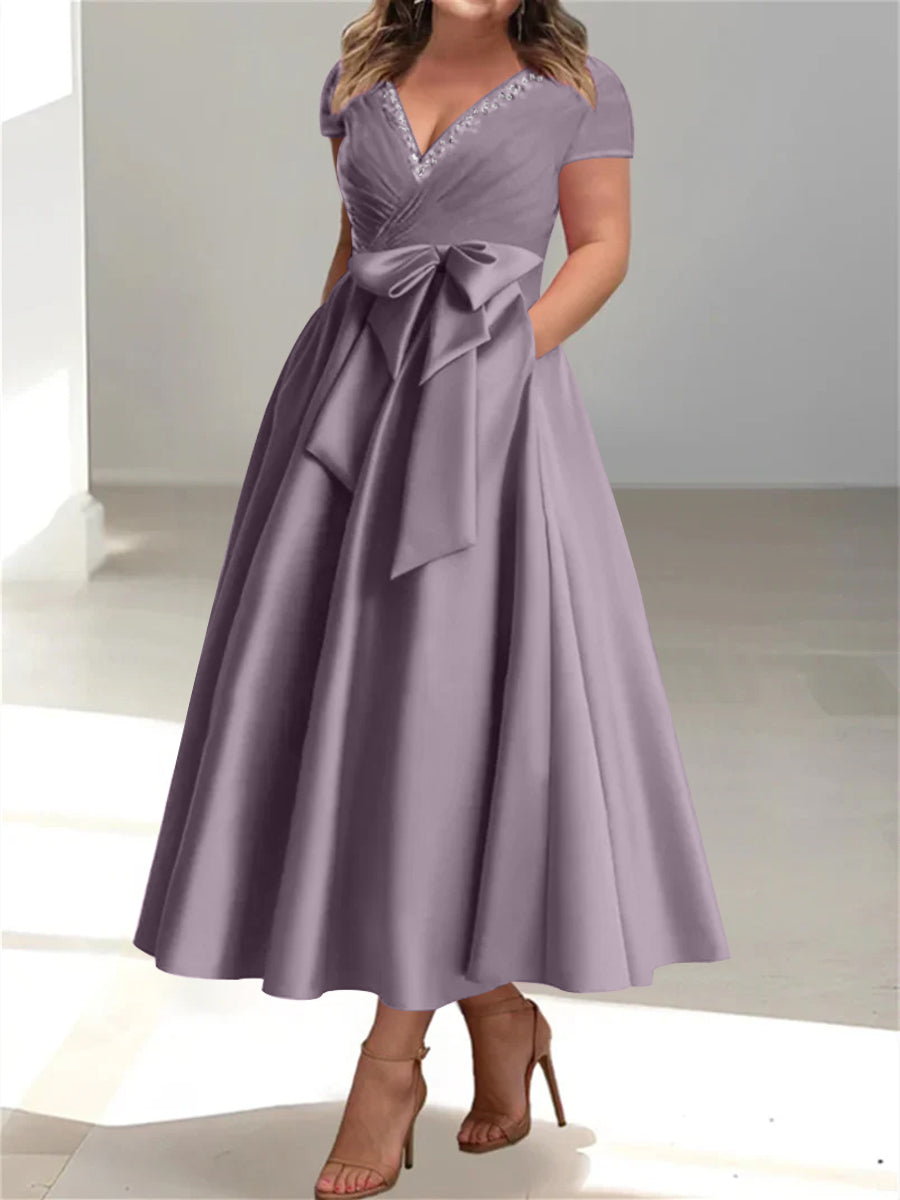 Plus Size Mother of the Bride A Line V Neck Dress with Pockets and Ruffles