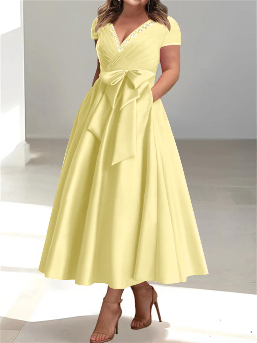 Plus Size Mother of the Bride A Line V Neck Dress with Pockets and Ruffles