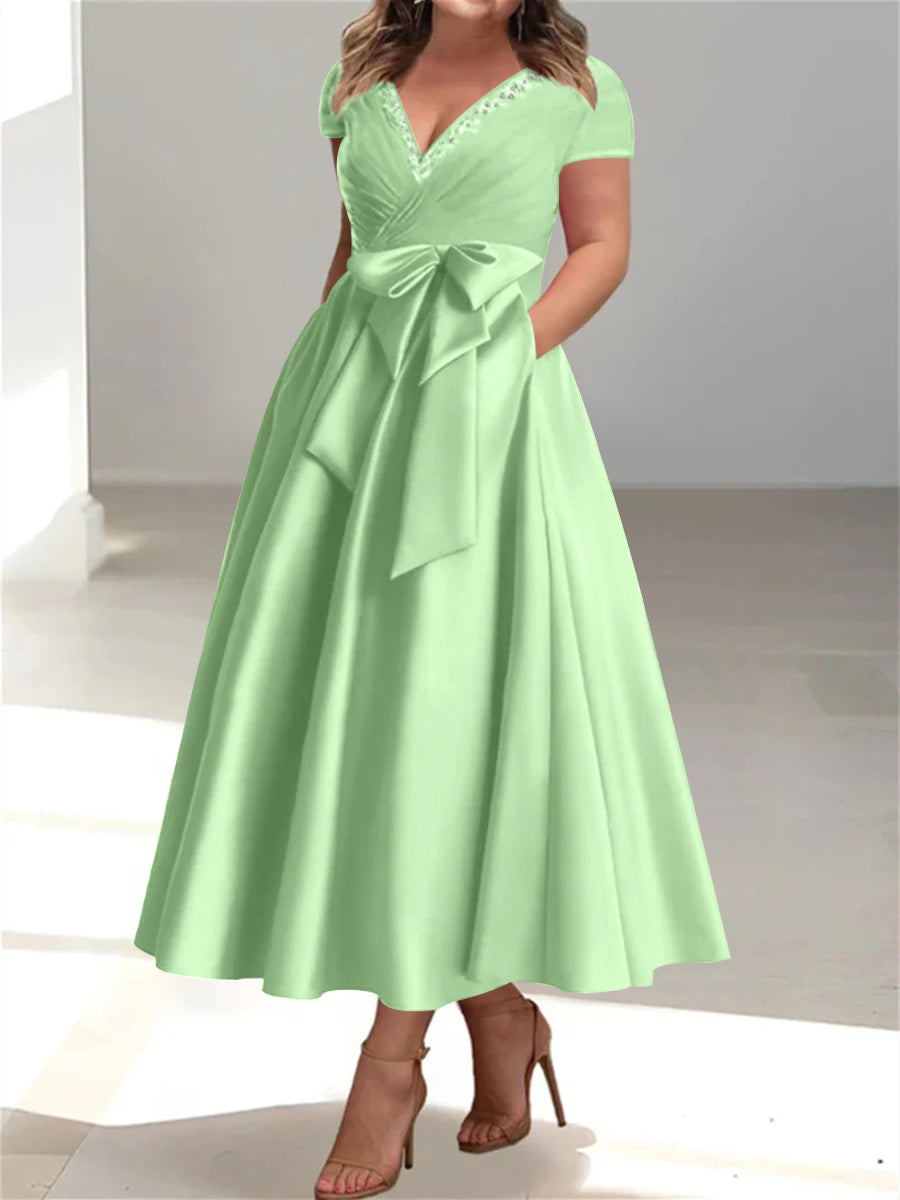 Plus Size Mother of the Bride A Line V Neck Dress with Pockets and Ruffles