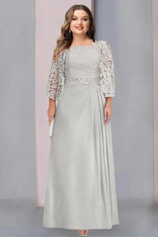 Plus Size Mother of the Bride A Line Long Dress with Scoop Neckline Pleats & Lace Appliques