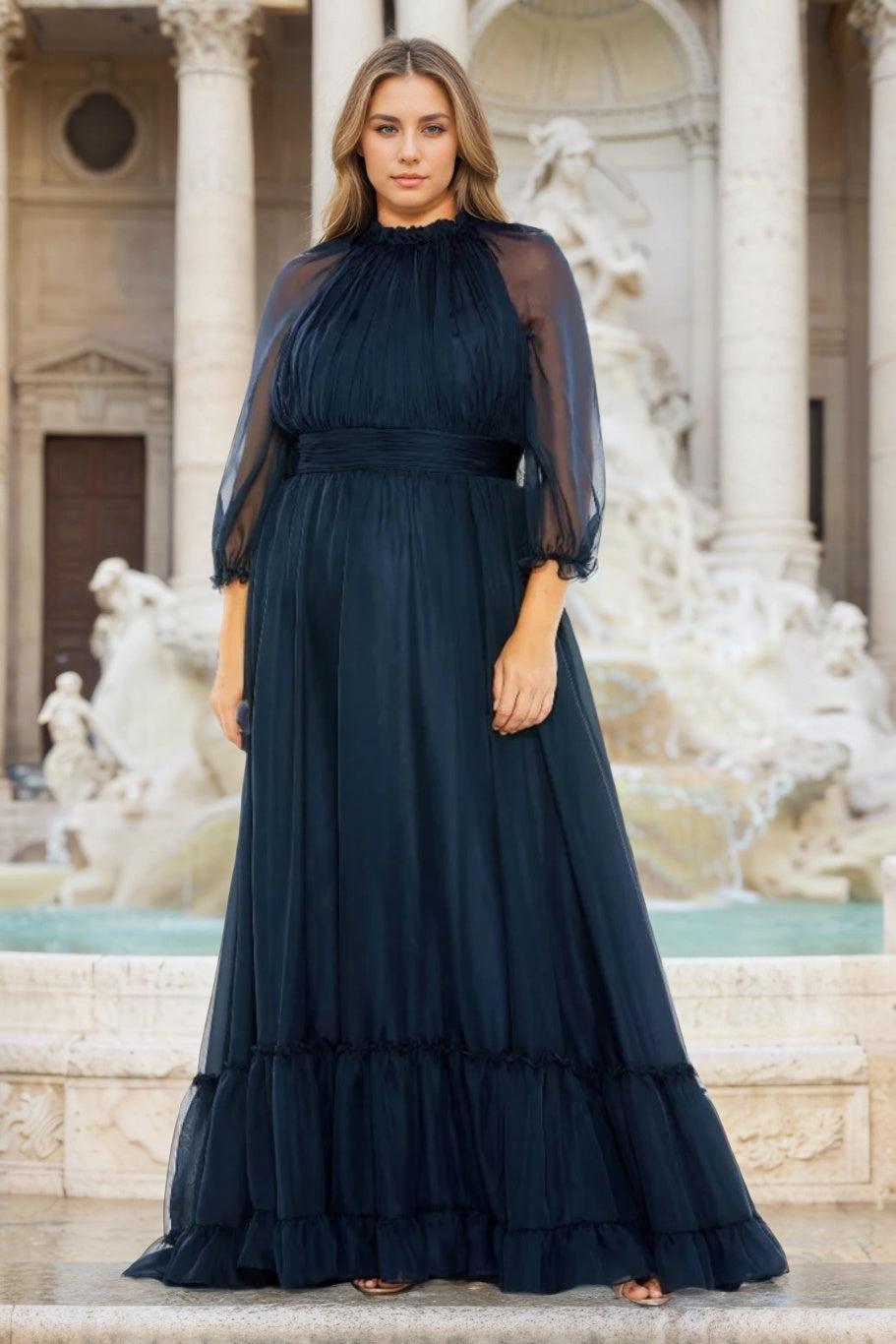 Plus Size Mother of the Bride A Line Halter Dress with 3/4 Sleeves and Ruffles Long