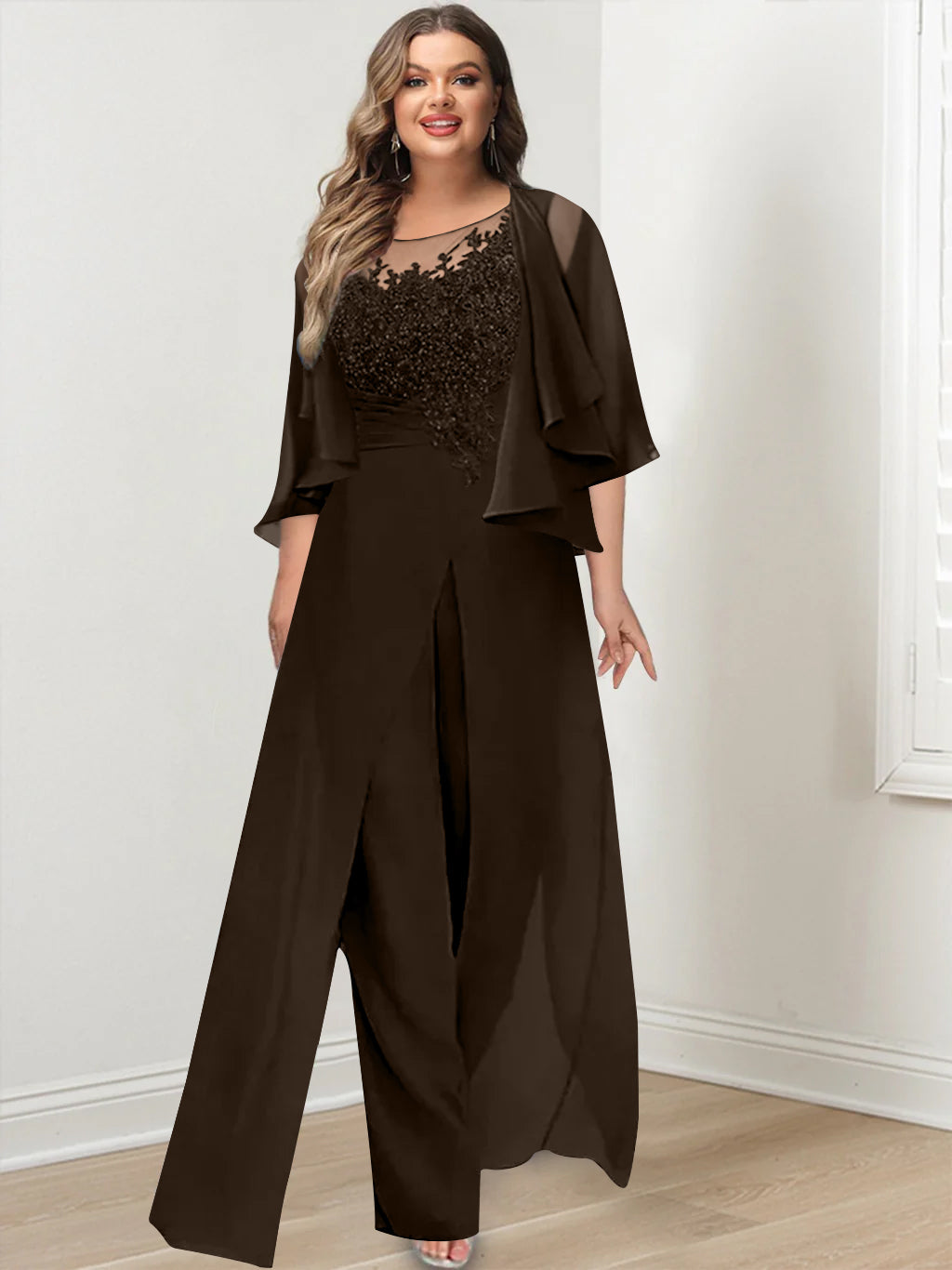 Plus Size Mother of the Bride A Line Jumpsuit with Jacket Long Design Side Split & Appliques
