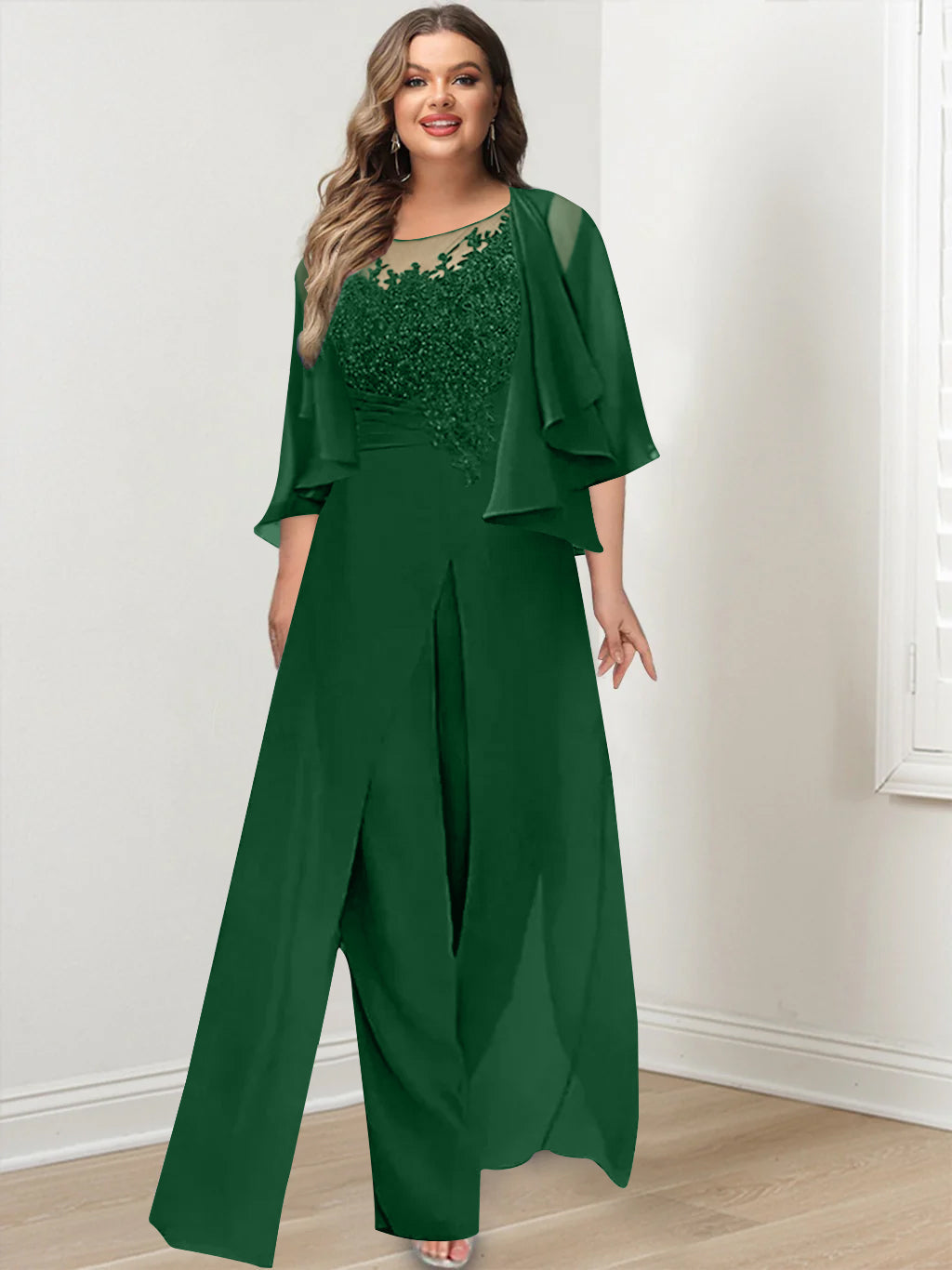 Plus Size Mother of the Bride A Line Jumpsuit with Jacket Long Design Side Split & Appliques