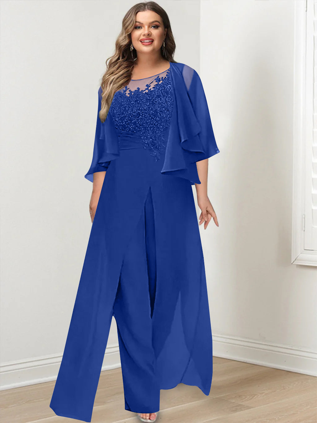 Plus Size Mother of the Bride A Line Jumpsuit with Jacket Long Design Side Split & Appliques