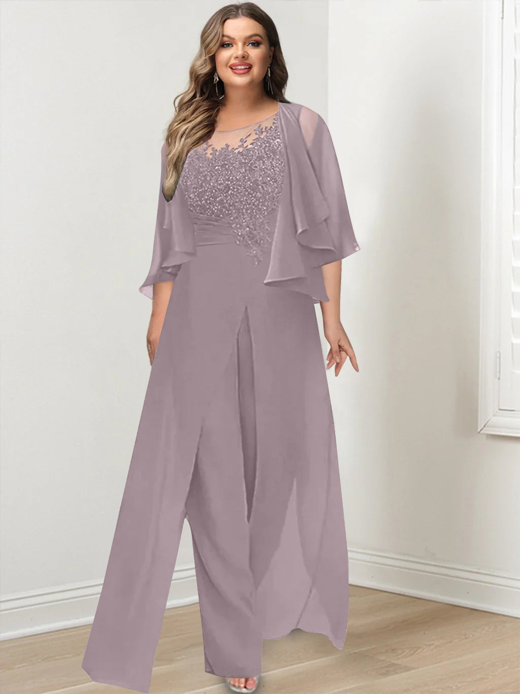 Plus Size Mother of the Bride A Line Jumpsuit with Jacket Long Design Side Split & Appliques