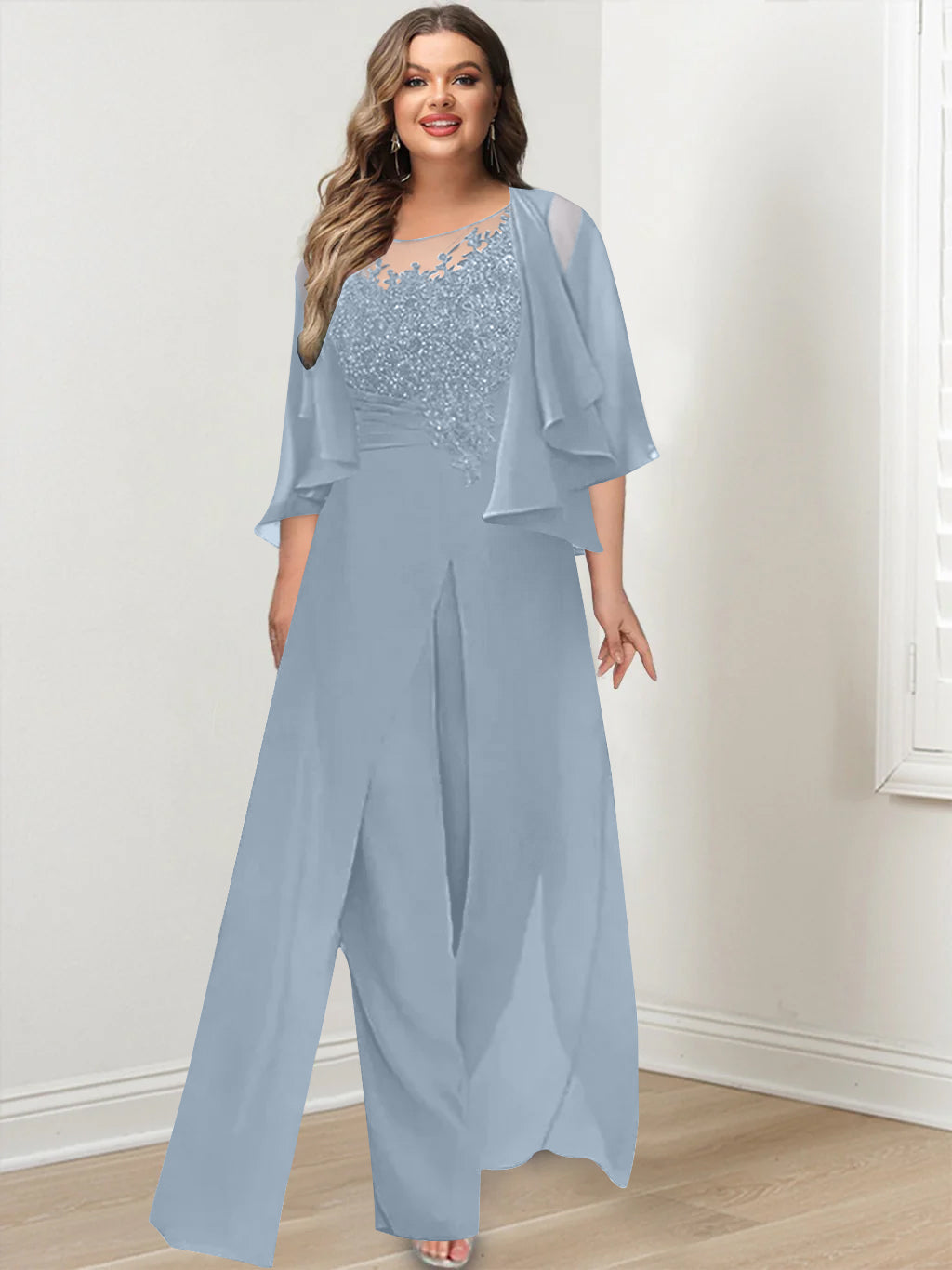 Plus Size Mother of the Bride A Line Jumpsuit with Jacket Long Design Side Split & Appliques
