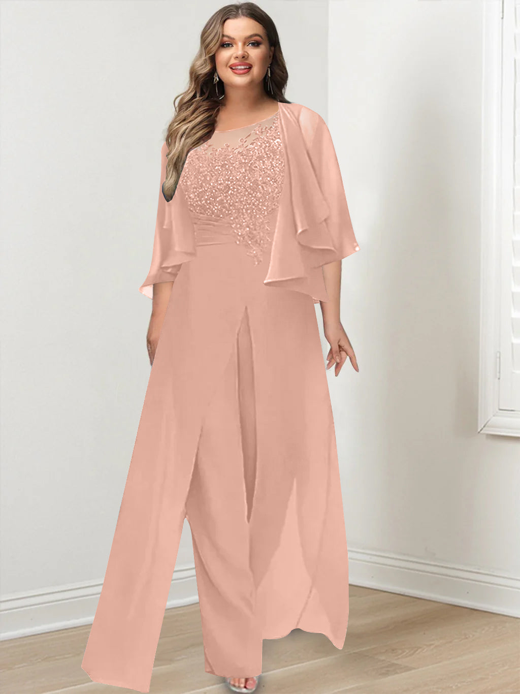 Plus Size Mother of the Bride A Line Jumpsuit with Jacket Long Design Side Split & Appliques