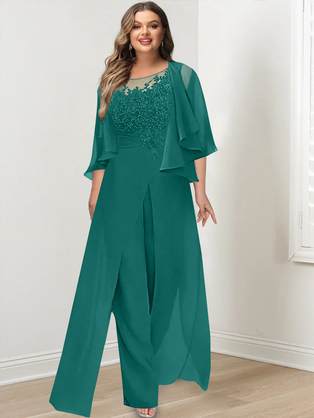 Plus Size Mother of the Bride A Line Jumpsuit with Jacket Long Design Side Split & Appliques