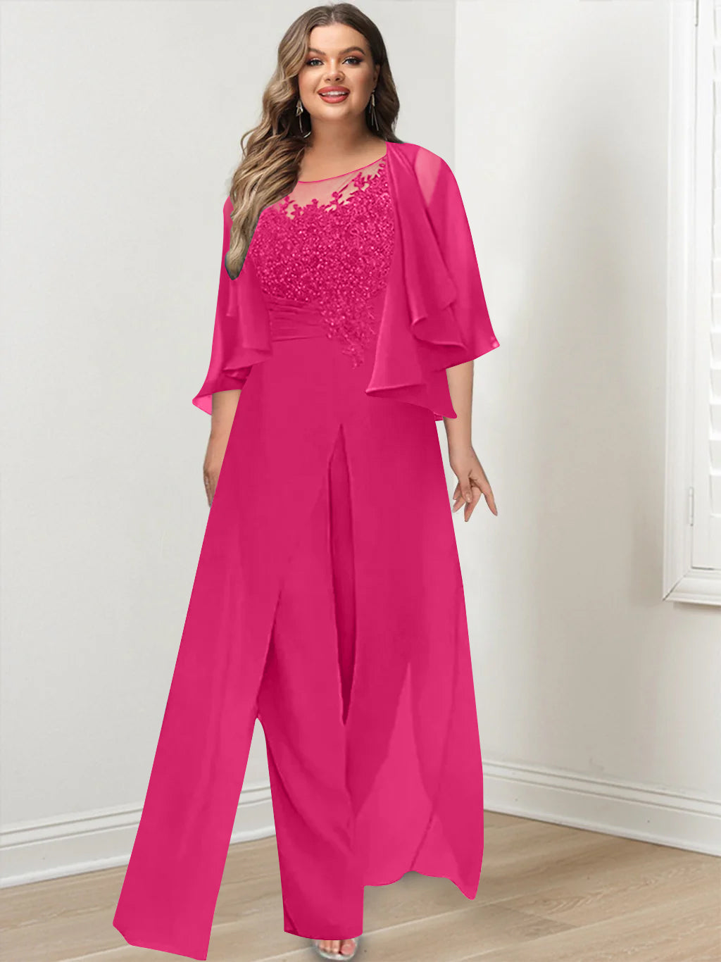 Plus Size Mother of the Bride A Line Jumpsuit with Jacket Long Design Side Split & Appliques