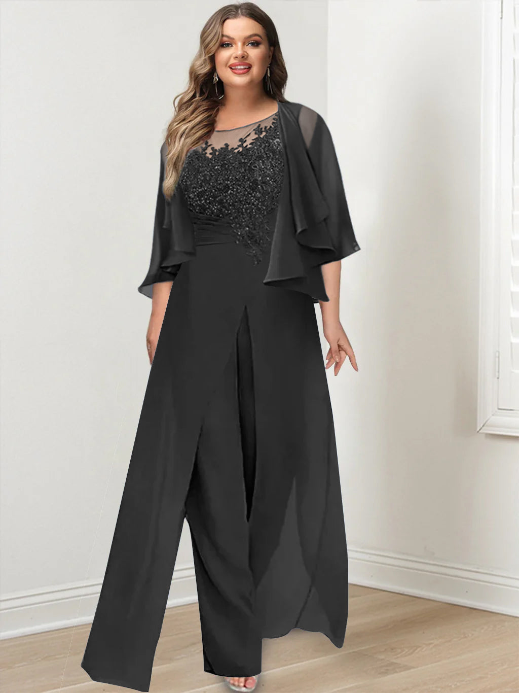 Plus Size Mother of the Bride A Line Jumpsuit with Jacket Long Design Side Split & Appliques