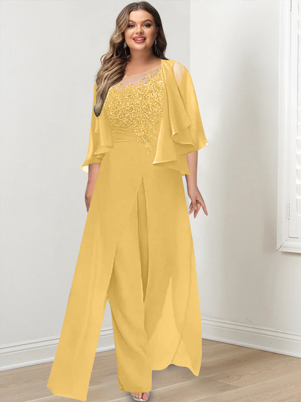 Plus Size Mother of the Bride A Line Jumpsuit with Jacket Long Design Side Split & Appliques