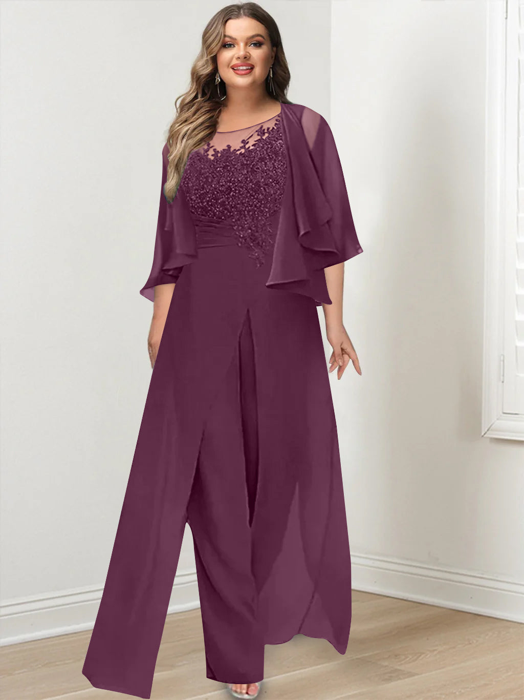 Plus Size Mother of the Bride A Line Jumpsuit with Jacket Long Design Side Split & Appliques