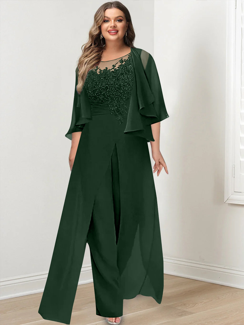 Plus Size Mother of the Bride A Line Jumpsuit with Jacket Long Design Side Split & Appliques