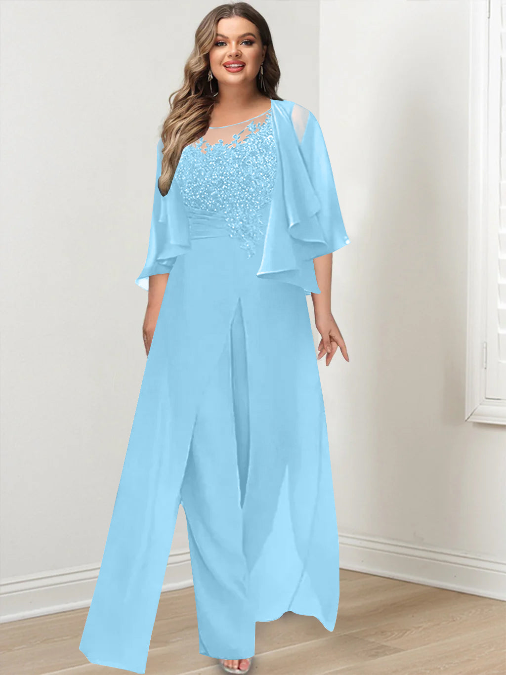 Plus Size Mother of the Bride A Line Jumpsuit with Jacket Long Design Side Split & Appliques