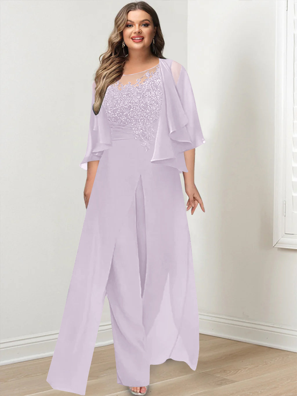 Plus Size Mother of the Bride A Line Jumpsuit with Jacket Long Design Side Split & Appliques