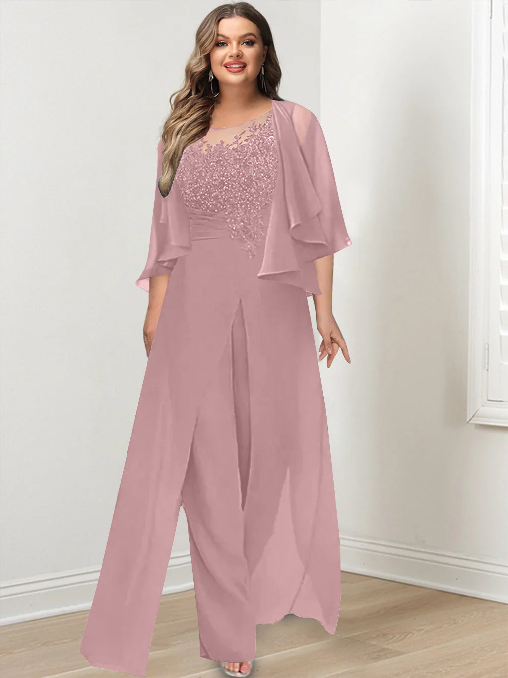Plus Size Mother of the Bride A Line Jumpsuit with Jacket Long Design Side Split & Appliques