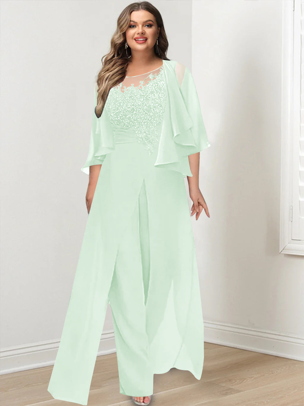 Plus Size Mother of the Bride A Line Jumpsuit with Jacket Long Design Side Split & Appliques