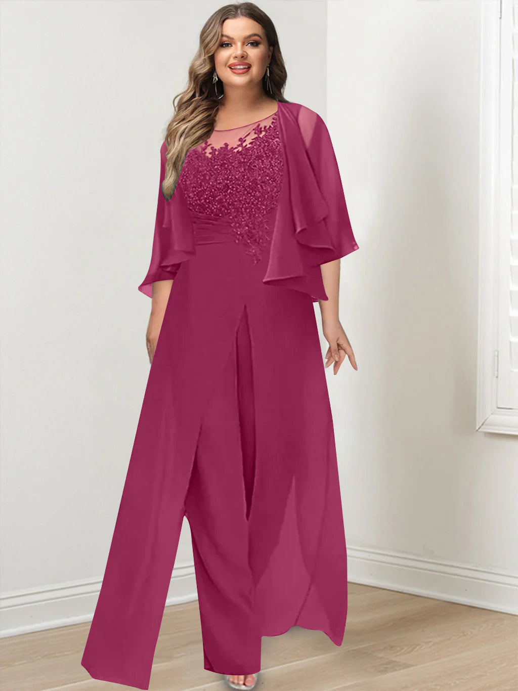 Plus Size Mother of the Bride A Line Jumpsuit with Jacket Long Design Side Split & Appliques