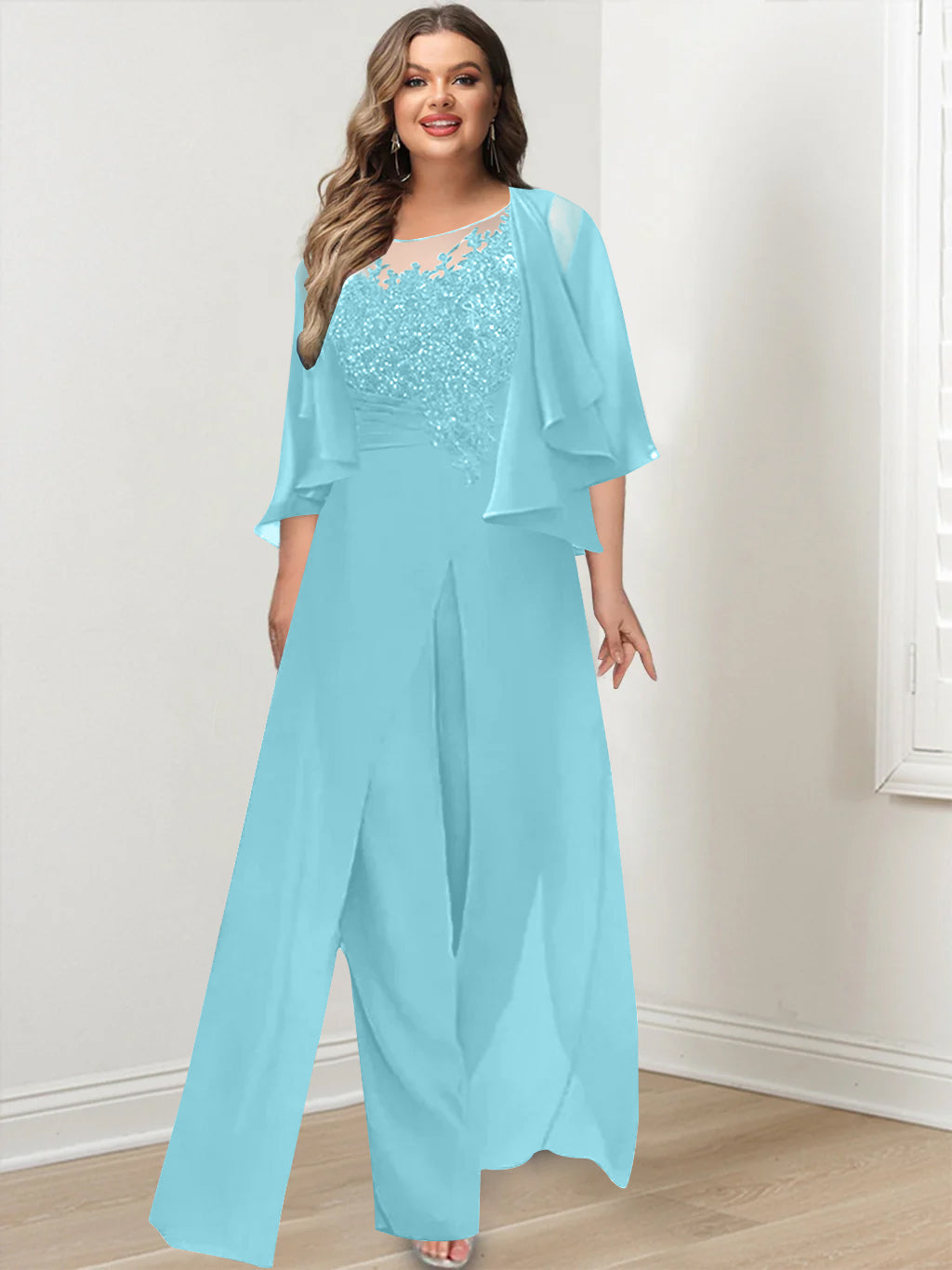 Plus Size Mother of the Bride A Line Jumpsuit with Jacket Long Design Side Split & Appliques