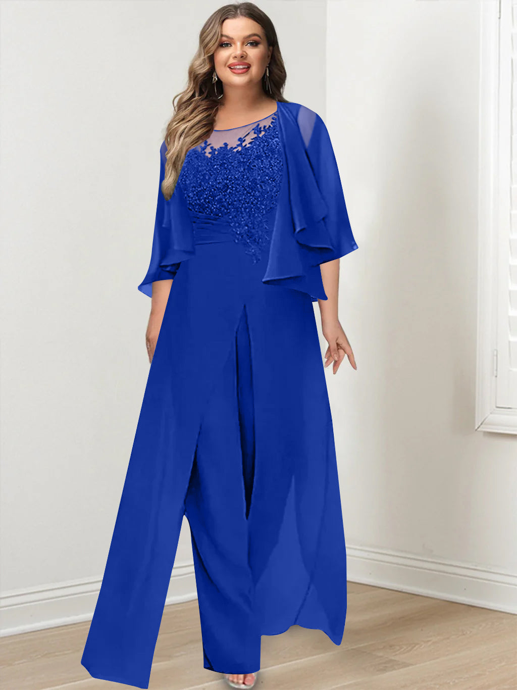 Plus Size Mother of the Bride A Line Jumpsuit with Jacket Long Design Side Split & Appliques