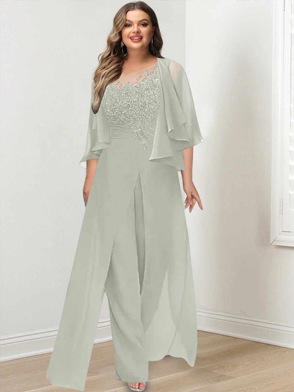 Plus Size Mother of the Bride A Line Jumpsuit with Jacket Long Design Side Split & Appliques