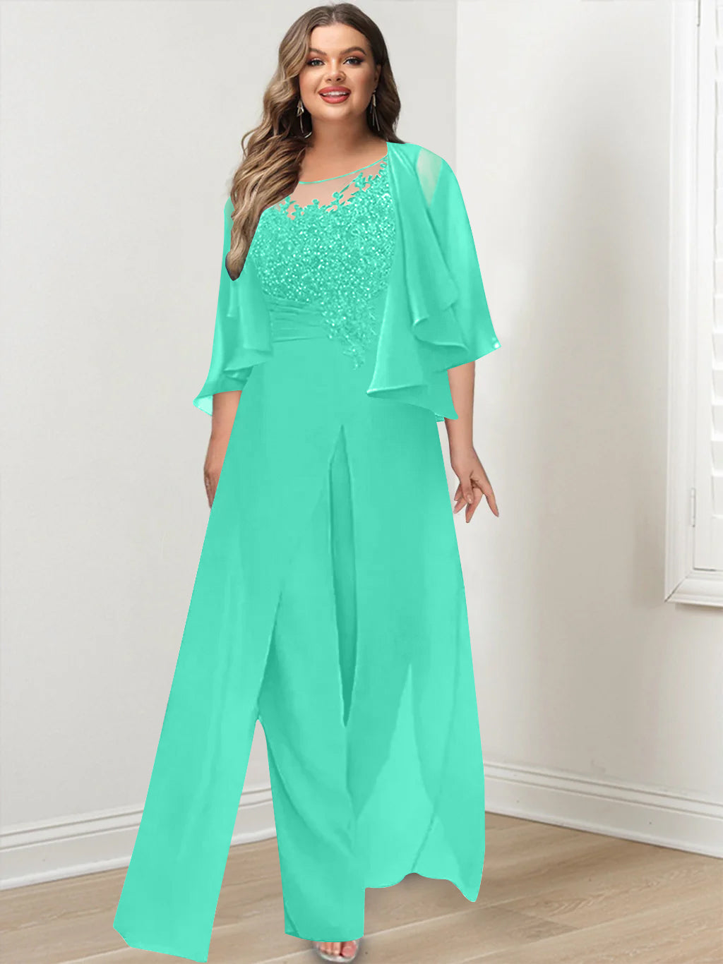 Plus Size Mother of the Bride A Line Jumpsuit with Jacket Long Design Side Split & Appliques