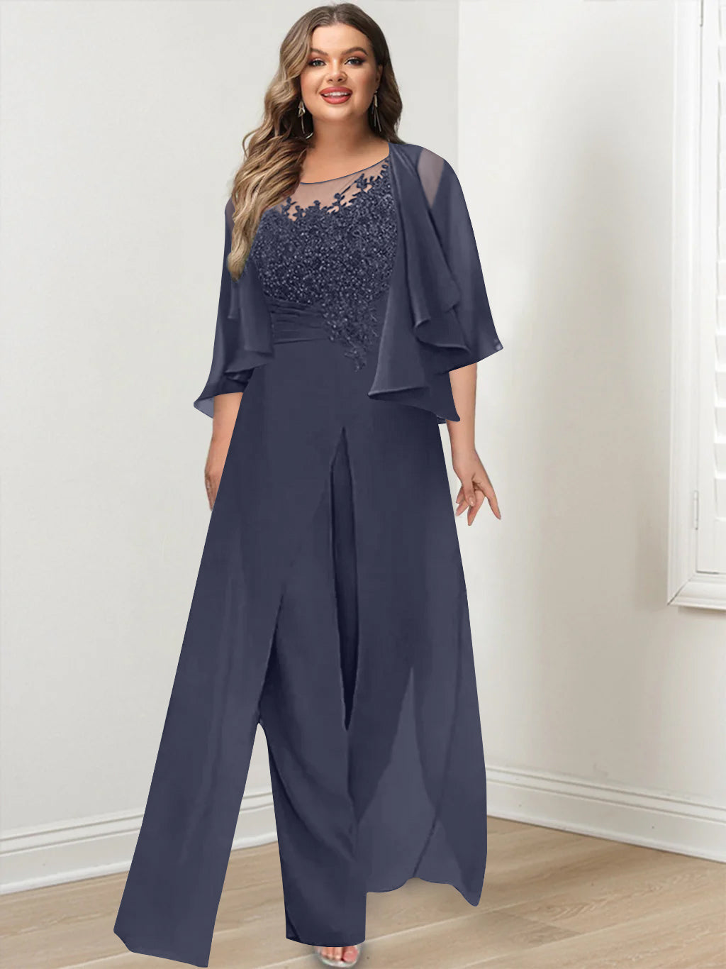 Plus Size Mother of the Bride A Line Jumpsuit with Jacket Long Design Side Split & Appliques