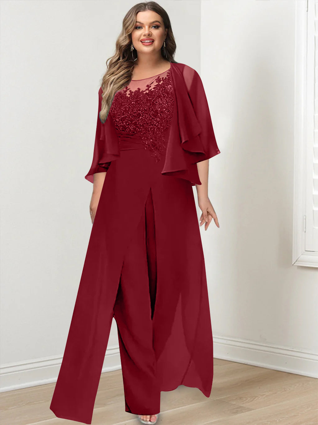 Plus Size Mother of the Bride A Line Jumpsuit with Jacket Long Design Side Split & Appliques