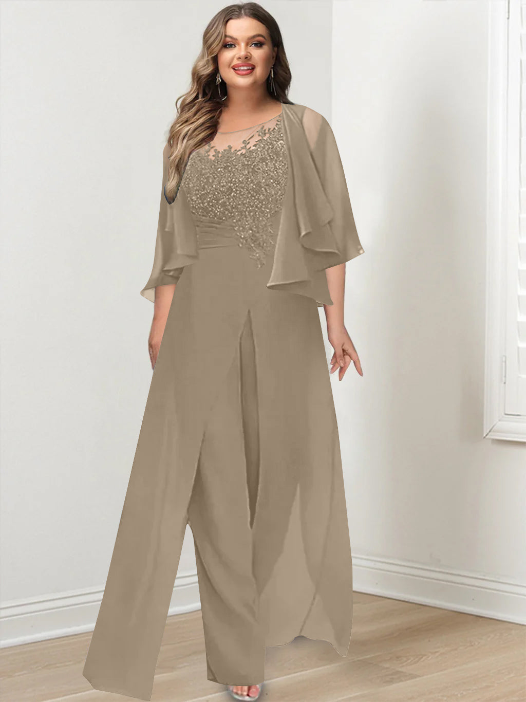 Plus Size Mother of the Bride A Line Jumpsuit with Jacket Long Design Side Split & Appliques