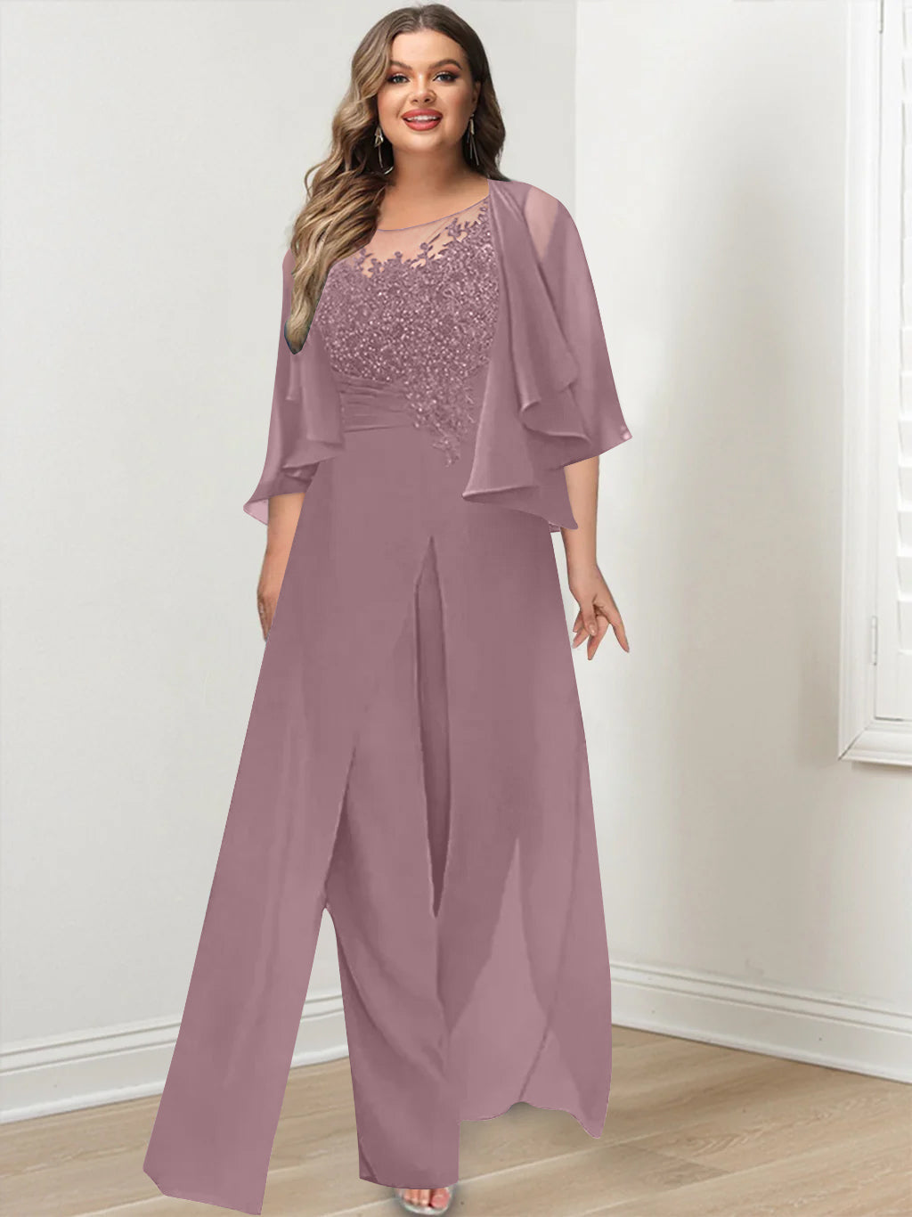 Plus Size Mother of the Bride A Line Jumpsuit with Jacket Long Design Side Split & Appliques