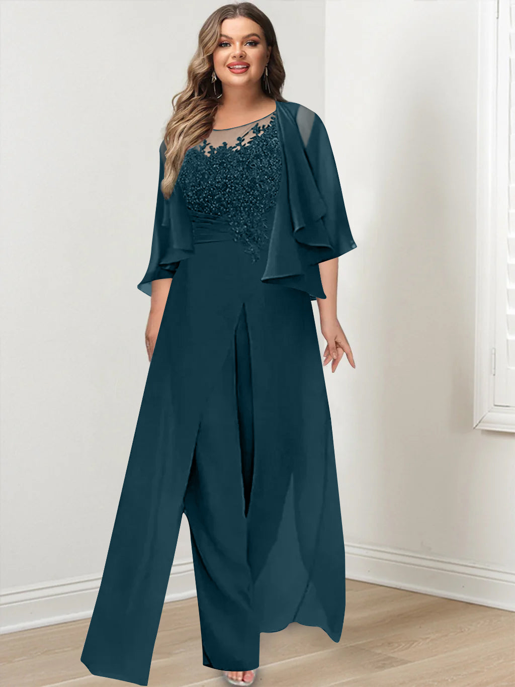 Plus Size Mother of the Bride A Line Jumpsuit with Jacket Long Design Side Split & Appliques