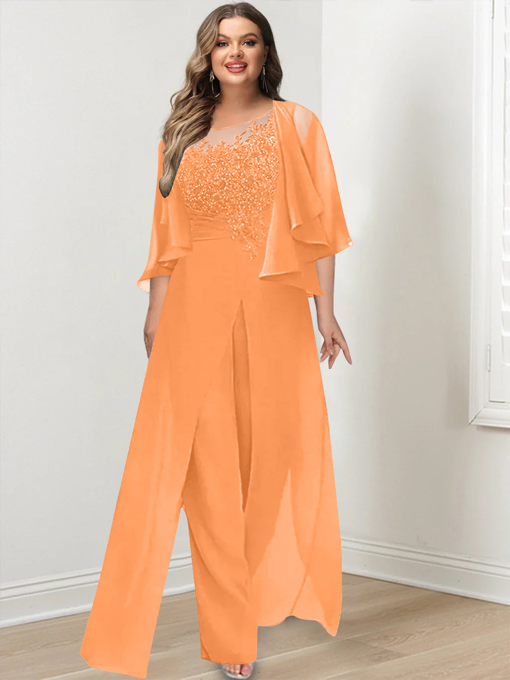 Plus Size Mother of the Bride A Line Jumpsuit with Jacket Long Design Side Split & Appliques