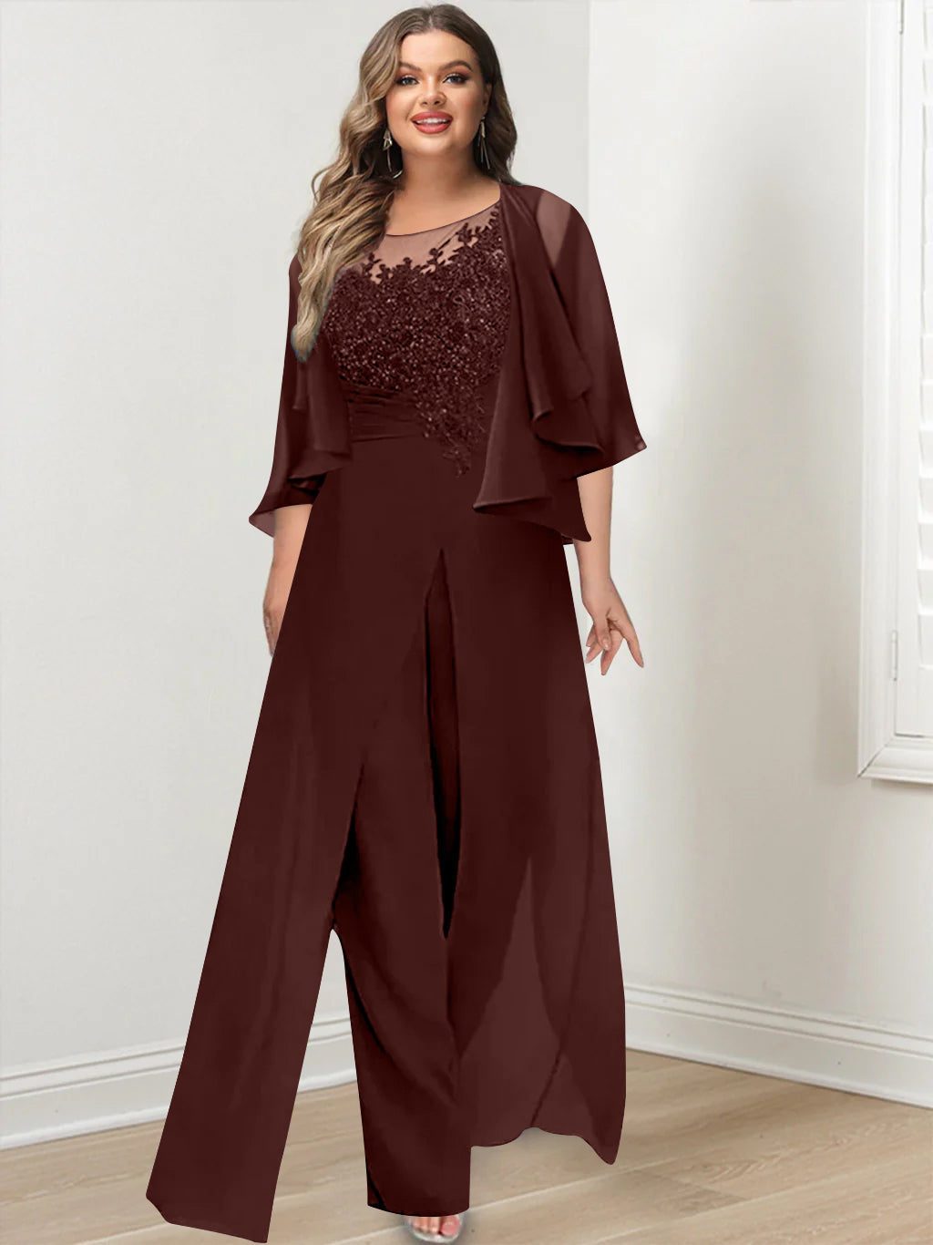 Plus Size Mother of the Bride A Line Jumpsuit with Jacket Long Design Side Split & Appliques