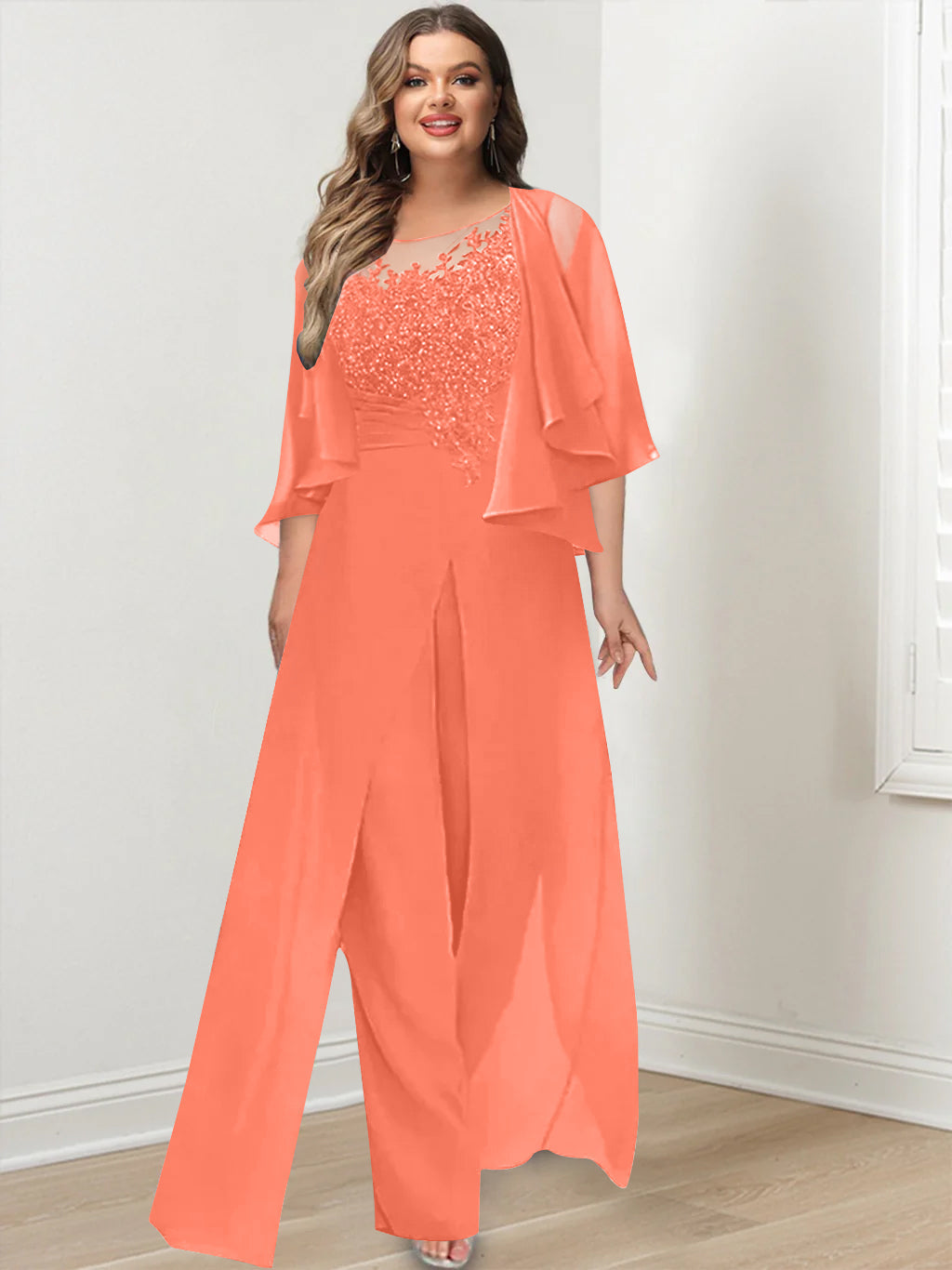 Plus Size Mother of the Bride A Line Jumpsuit with Jacket Long Design Side Split & Appliques