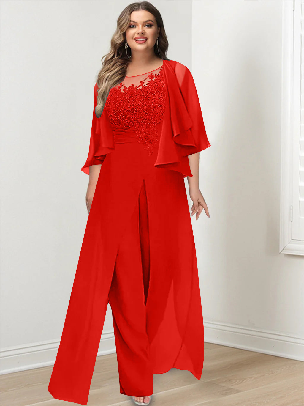 Plus Size Mother of the Bride A Line Jumpsuit with Jacket Long Design Side Split & Appliques