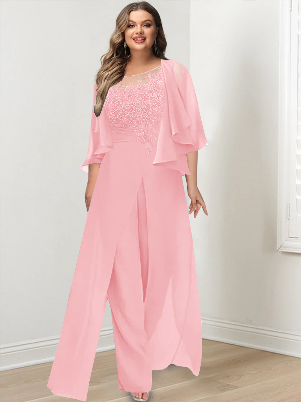 Plus Size Mother of the Bride A Line Jumpsuit with Jacket Long Design Side Split & Appliques