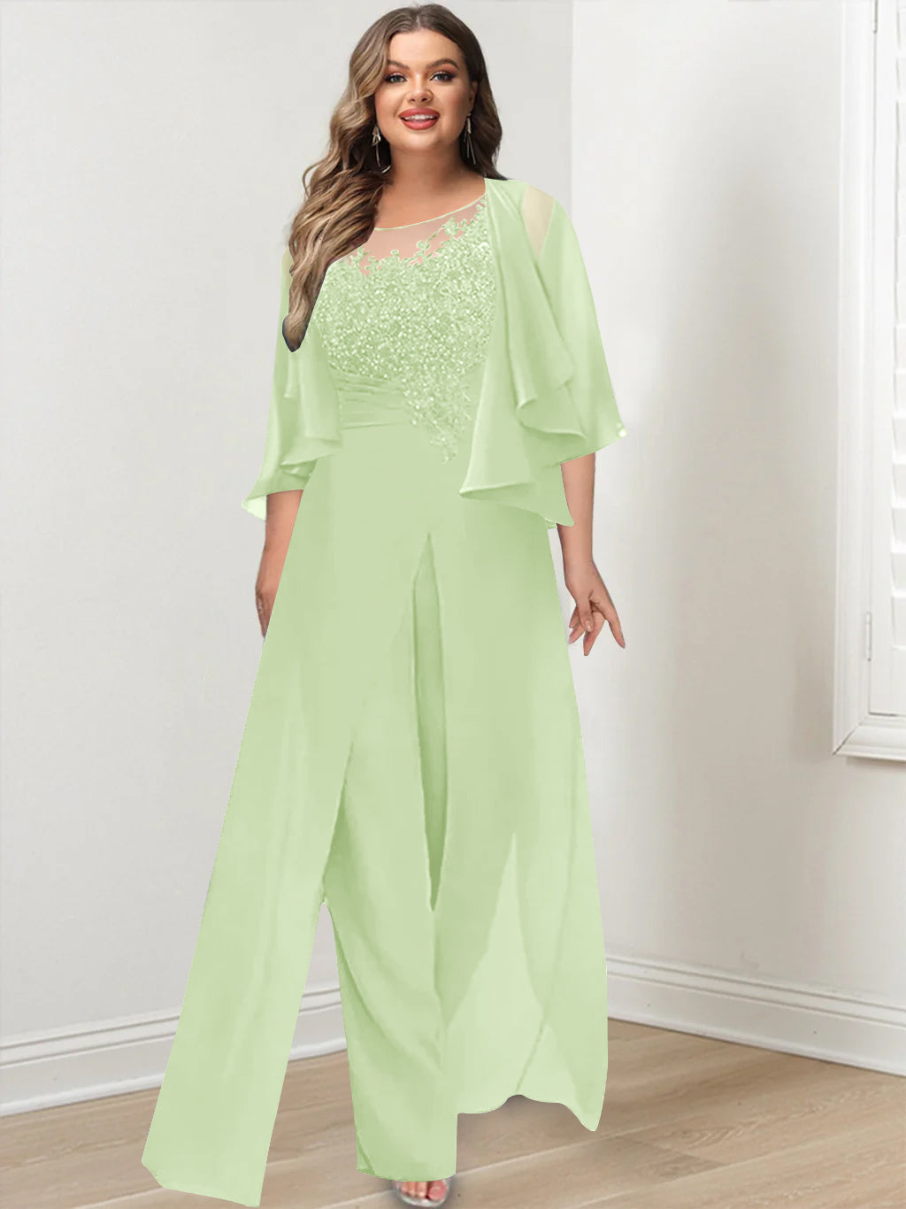 Plus Size Mother of the Bride A Line Jumpsuit with Jacket Long Design Side Split & Appliques