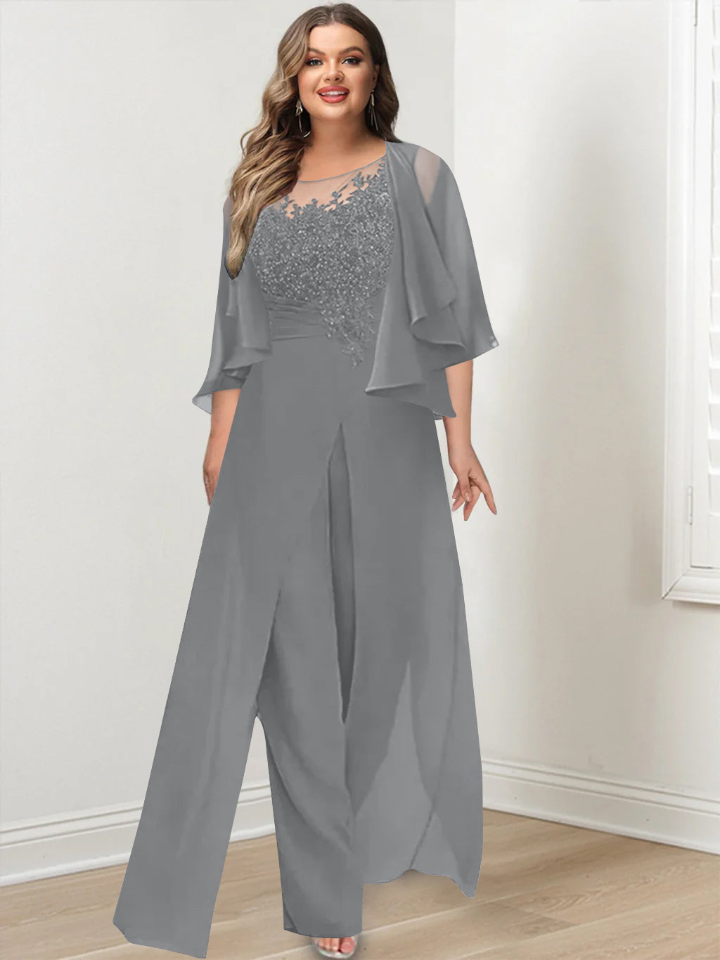 Plus Size Mother of the Bride A Line Jumpsuit with Jacket Long Design Side Split & Appliques
