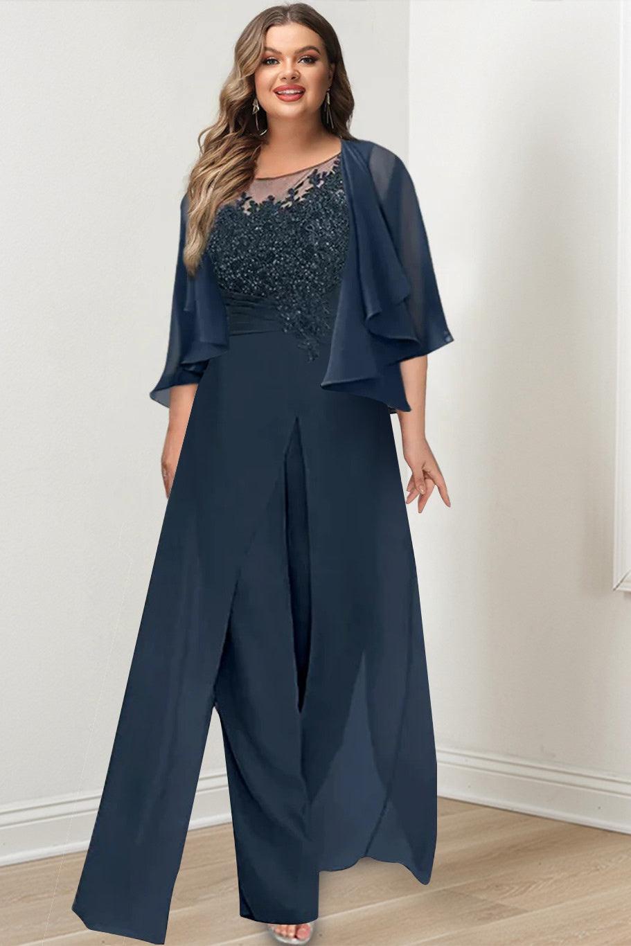 Plus Size Mother of the Bride A Line Jumpsuit with Jacket Long Design Side Split & Appliques
