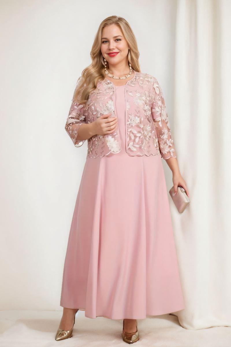 Plus Size Mother of the Bride A Line Tea Length Dress with 3/4 Sleeves Appliques & Jacket