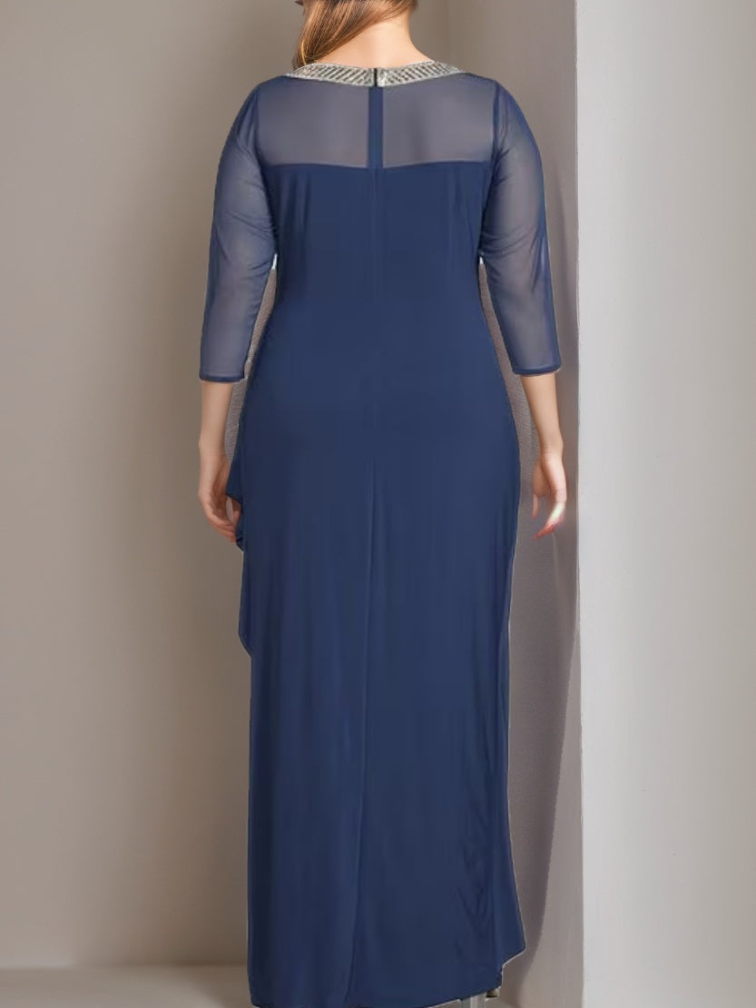 Plus Size Mother of the Bride Ruffled Dress with 3/4 Sleeves and Ankle Length Sheath Column Silhouette